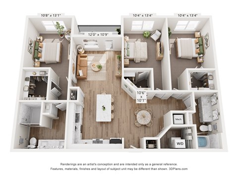 Floor plan for 3 beds, 2 baths, 1457 sqft
